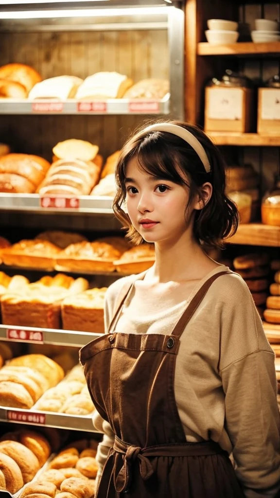 A young girl with short, wavy brown hair stands in a cozy bakery. She wears a large, vibrant red bow on her head, reminiscent of the character Kiki from 'Kiki's Delivery Service.' Her expression is thoughtful as she looks towards the camera. The bakery around her is softly lit, with warm tones highlighting the assortment of fresh bread and pastries displayed on wooden shelves. The environment exudes a warm and nostalgic atmosphere, filled with the charm of a small, local bakery.