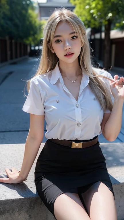 Pretty big breasts thai woman blonde hair , (8k, best quality, masterpiece, ultra highres:1.2) Photo of Pretty thai woman beautiful, beautiful enchanting fashion contemporary painting with , (1girl), (white shirt short sleeves), ((black pencil skirt)), belt , blonde hair , realistic skin texture , round chin, 85 mm art lens, f 1. 2, sharp focus, 8 k high definition, insanely detailed, intricate, elegant, large breasts, big breasts , black skirt 