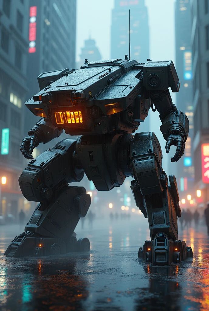 Highly detailed multi-legged articulated futuristic heavily armored tank character for team-based action shooter video game、Job title: Tank、Exquisitely detailed tanks、Rocket Launcher、Concept Art、Intricate details、Hyperrealistic、8k、Highest quality、Photorealistic、masterpiece、terrorist attack、 explosion、night、rain、 Detailed futuristic cityscape、Neon Light