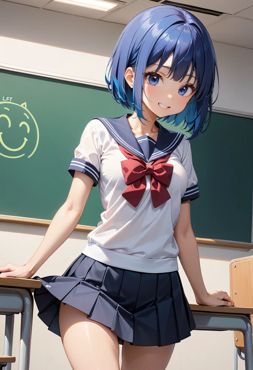 (masterpiece, best quality:1.2), 1girl, solo,(JK, , Sailor suit, Pleated skirt, Striped pants)
, catria,kawaii,,(navyblue Hair:1.5),Short Hair,Bob,blue eyes,Thin Waist,Small,Toned,small breasts,short stature,classroom,(animated:1.5),(Let out a laugh:1.5)