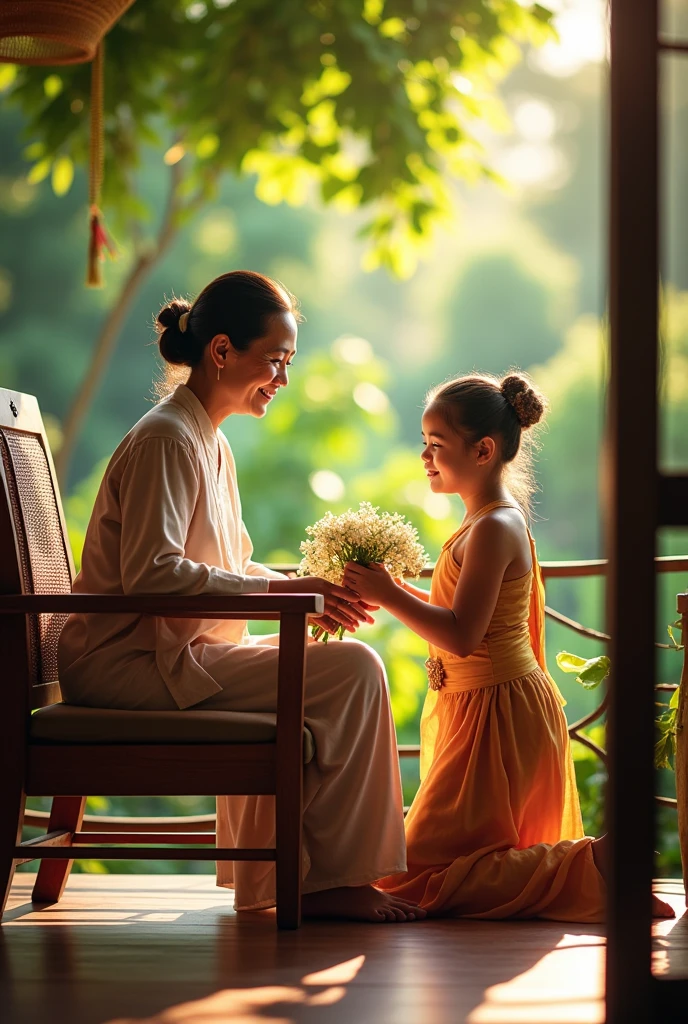 Create a realistic image of a 50-year-old Thai mother sitting in a traditional-style chair on the front porch of her home. She embodies the essence of rural Thai culture, with gentle features and a warm smile. In front of her, her beautiful 12-year-old daughter kneels gracefully, dressed in an elegant traditional Thai outfit. The daughter lovingly presents a stunning jasmine garland placed on a tall golden tray, offering it to her mother. The outdoor scene is set in a lush garden, with bright sunlight streaming through the leaves, creating a warm and inviting atmosphere. The image should capture intricate details and be rendered in 32K resolution to highlight the beauty of the moment and the rich cultural elements.