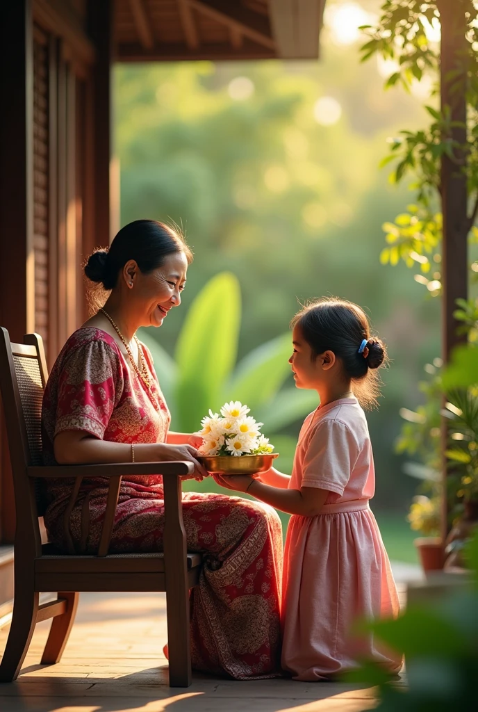 Create a realistic image of a 50-year-old Thai mother sitting in a traditional-style chair on the front porch of her home. She embodies the essence of rural Thai culture, with gentle features and a warm smile. In front of her, her beautiful -yeld dater kneels gracefully, dressed in an elegant traditional Thai outfit. The daughter lovingly presents a stunning jasmine garland placed on a tall golden tray, offering it to her mother. The outdoor scene is set in a lush garden, with bright sunlight streaming through the leaves, creating a warm and inviting atmosphere. The image should capture intricate details and be rendered in 32K resolution to highlight the beauty of the moment and the rich cultural elements.