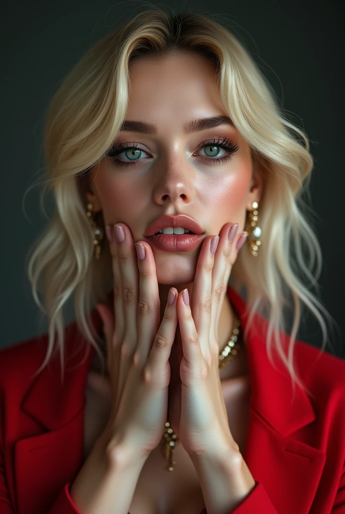 nude, hyper realistic, real photograph, hand on chin, intricate details, eight real fingers, ultra detailed face, beautiful, sexy, gorgeous, female model, sexy smile, necklace, red jacket, blonde hair, black eye shadow, ear rings, ultra realistic, ultra high detail, sharp focus, 8k,Negative prompts: deformed fingers, ugly face, long neck,
