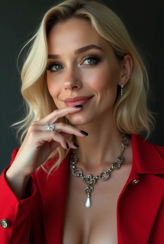 nude, hyper realistic, real photograph, hand on chin, intricate details, eight real fingers, ultra detailed face, beautiful, sexy, gorgeous, female model, sexy smile, necklace, red jacket, blonde hair, black eye shadow, ear rings, ultra realistic, ultra high detail, sharp focus, 8k,Negative prompts: deformed fingers, ugly face, long neck,
