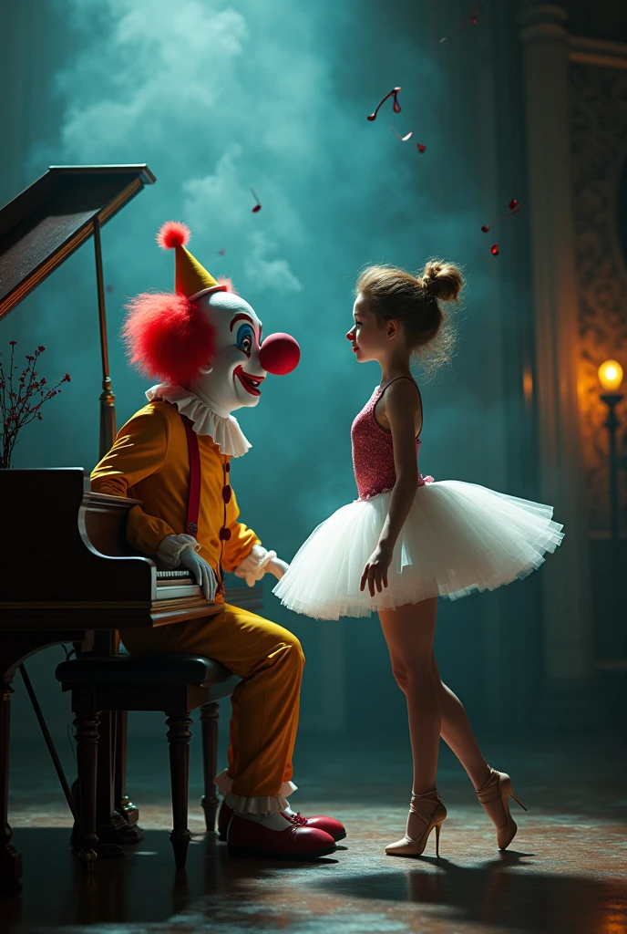clown playing piano with a ballet dancing