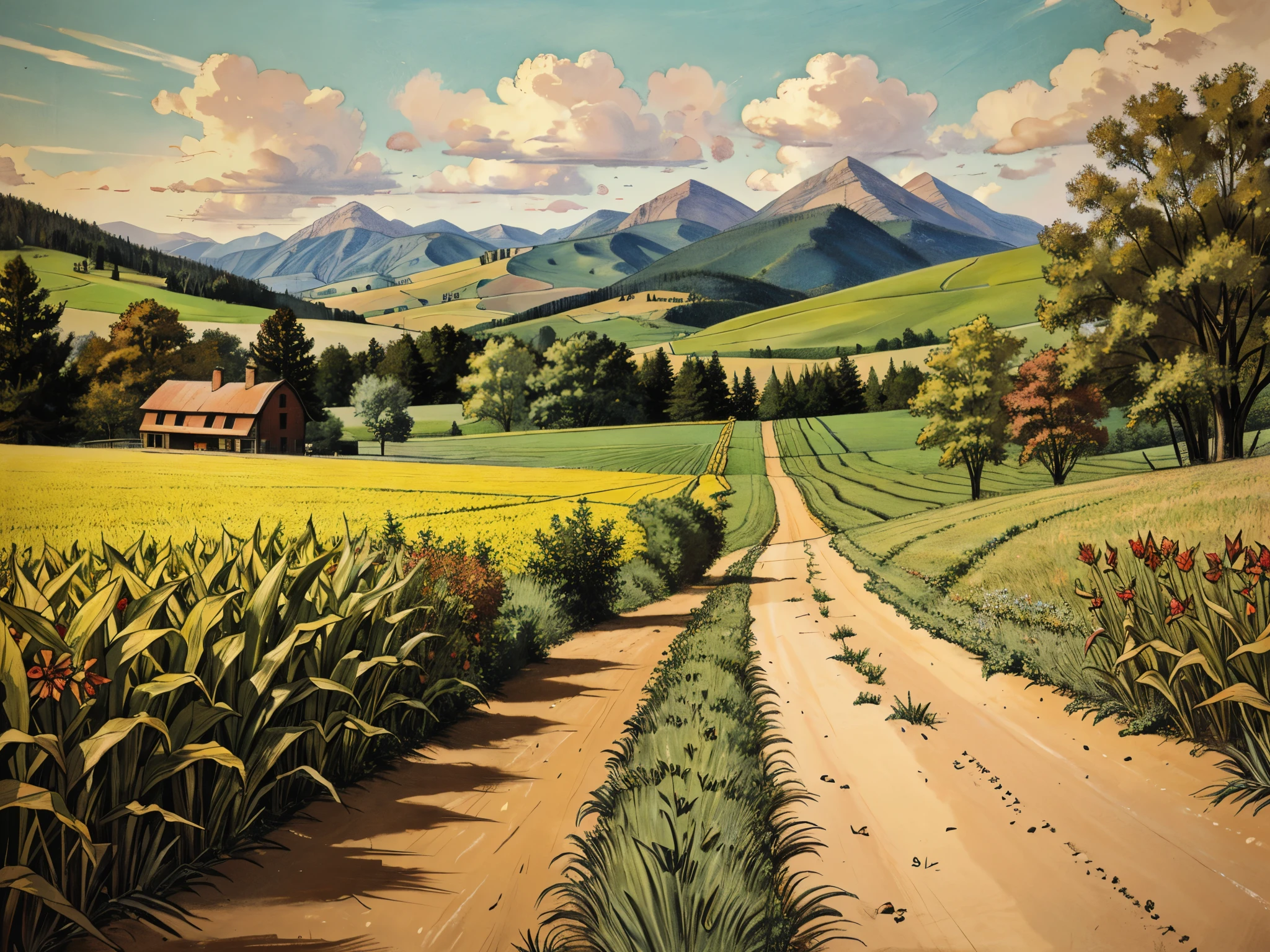 masterpiece of illustration drawing, a dirt path leads from a field of tall corn to a red-roofed farmhouse in the mountains, fresh cloudy sky.
