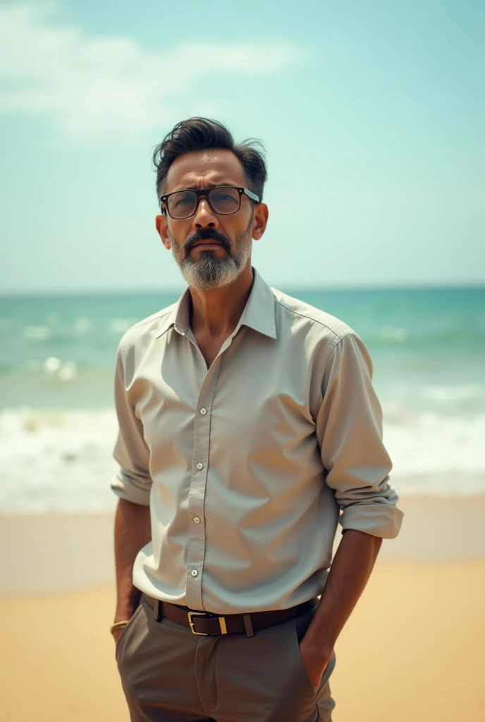 Malay man wearing bearded glasses standing by the beach
