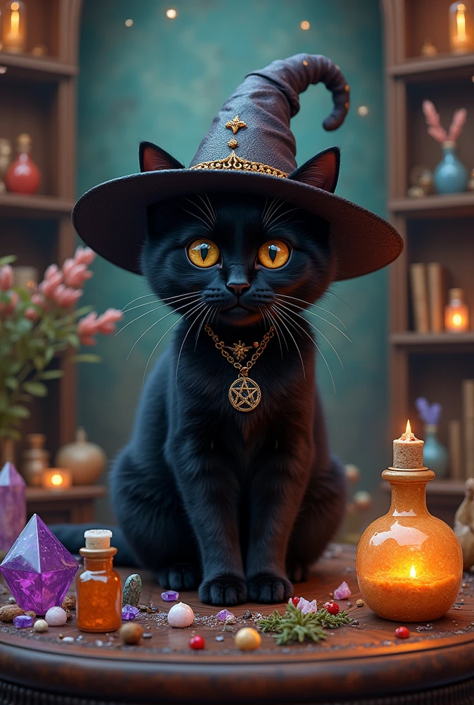 a cute black cat wearing witch'shat, surrounded by crystals and other magical objects, no humans, hat, witch hat, animal, animal focus, black cat, potion, cat, bat (animal), flask, gem, black headwear, ultra-realistic, 8k,ultra-realistic, hyper-detailed, 32k uhd, (Background is Luxury witches room and magic room) Magic Items, Magic Bottle, Large Magic Bottles, Elven Magic Bottle, Fairy Magic Bottle, hexagram, Crystal Magic, magic books wiccan, Luxury hexagram necklace, luxurious witch necklace, very much Witch spices and Magic Spices, (big hexagram closed books at the table Before photen by cate)