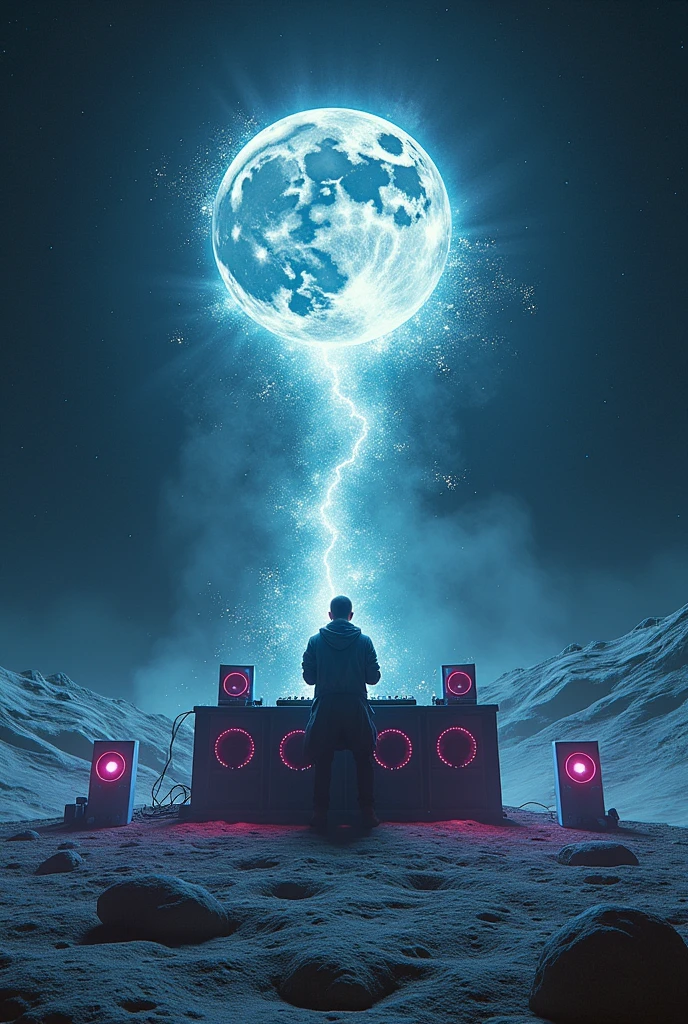  Please create a very hypnotic image where a guy  is playing dj with full vibe on moon with big speakers and the lot of aliens are dancing around him  and please show his soul  release from his body and soul try to going with moon 
