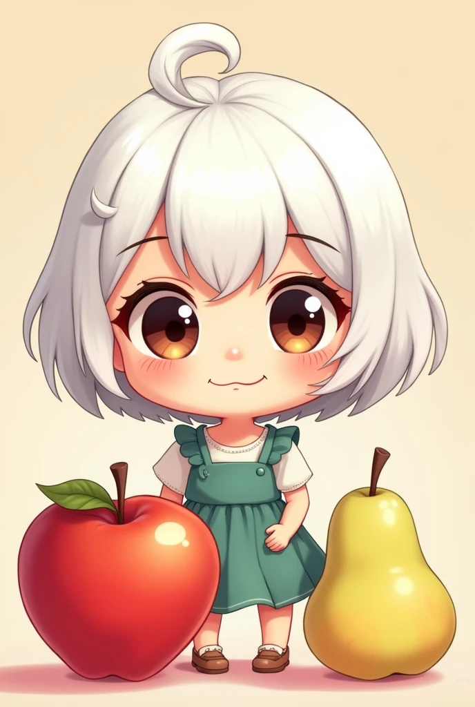 Cartoon image of a girl with a seductive look,  dark brown eyes,short white hair, with an apple,and a pear 