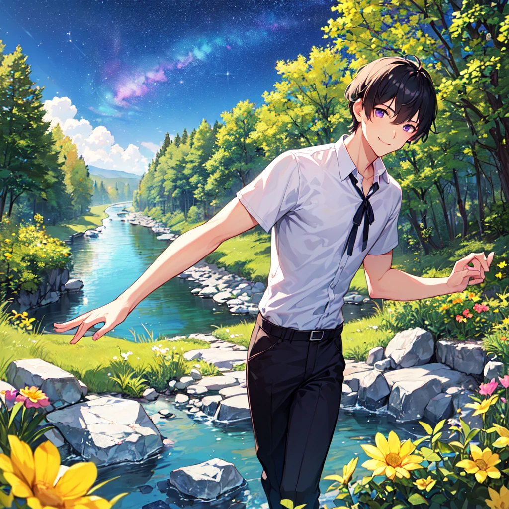 masterpiece,best quality,high quality,(1 male austere handsome solo adult age 30 years old:1.5), purple eyes, cool with suspended eyes, V-shaped eyebrows, body strong and fearless 8.5 head tall, height 185cm, (well-groomed black short hair down to neck:1.4), (bangs 7 thirds parted:1.4), slender nose, facial muscles, throat, (short sleeves and pants in summer fashion:1.3), (smiling), (stylish pose), (cool smile:1.3), (summer flowers forest and river:1.3), (Milky Way Night Sky:1.3)