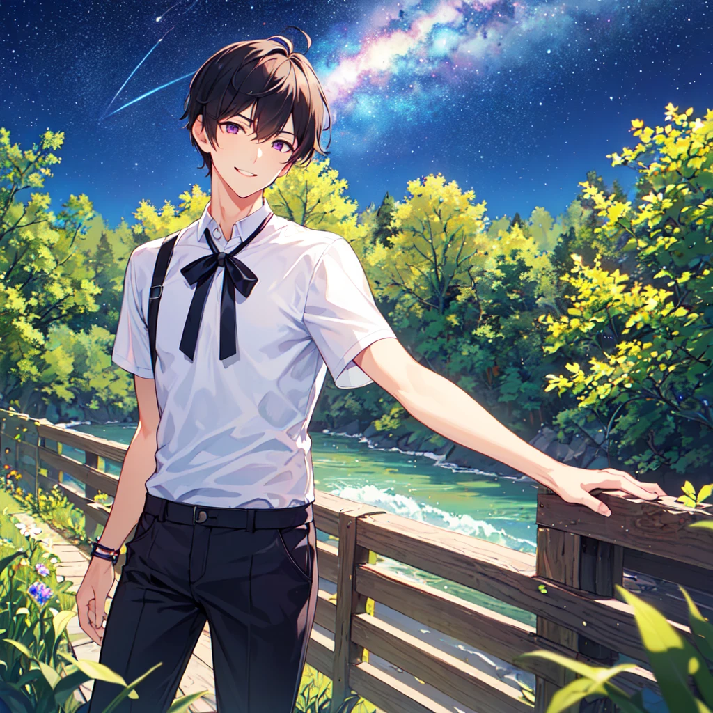 masterpiece,best quality,high quality,(1 male austere handsome solo adult age 30 years old:1.5), purple eyes, cool with suspended eyes, V-shaped eyebrows, body strong and fearless 8.5 head tall, height 185cm, (well-groomed black short hair down to neck:1.4), (bangs 7 thirds parted:1.4), slender nose, facial muscles, throat, (short sleeves and pants in summer fashion:1.3), (smiling), (stylish pose), (cool smile:1.3), (summer flowers forest and river:1.3), (Milky Way Night Sky:1.3)