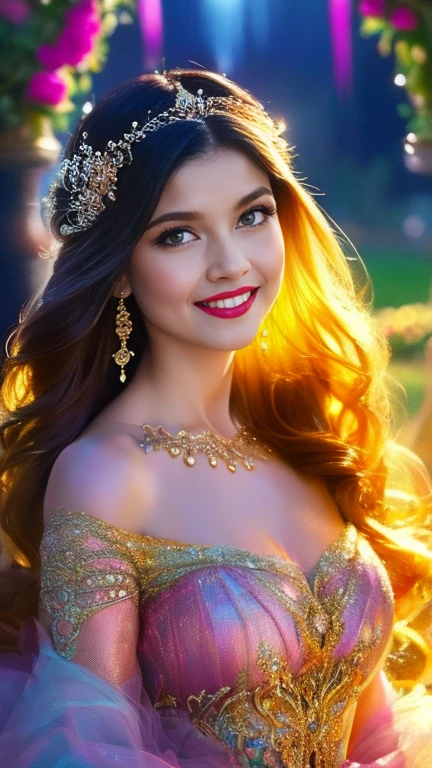 (a beautiful woman in a stunning gown of flowing silk with a radiant smile and captivating eyes),vibrant colors,highres,ultra-detailed,sharp focus,soft lighting,realistic,fantasy-inspired,portraits,subtle color palette,ethereal glow,fairytale,graceful,pastel shades,enchanted garden,lovely flowers,twinkling lights,whimsical ambiance