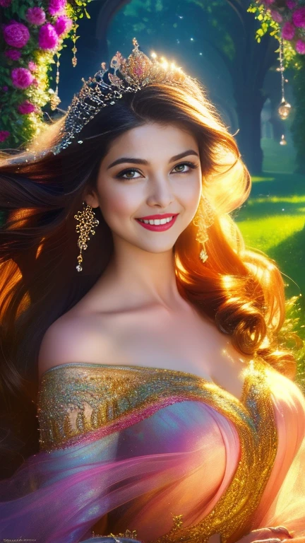 (a beautiful woman in a stunning gown of flowing silk with a radiant smile and captivating eyes),vibrant colors,highres,ultra-detailed,sharp focus,soft lighting,realistic,fantasy-inspired,portraits,subtle color palette,ethereal glow,fairytale,graceful,pastel shades,enchanted garden,lovely flowers,twinkling lights,whimsical ambiance