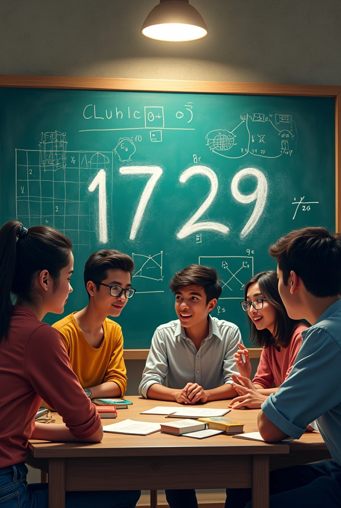 "Depict an image of modern-day students or young mathematicians gathered around a chalkboard, with the number 1729 prominently displayed. They should look engaged and inspired, as if discussing the significance of the number and Ramanujan’s contribution to mathematics. The scene should be vibrant, with a sense of curiosity and inspiration, linking Ramanujan’s legacy to future generations."
