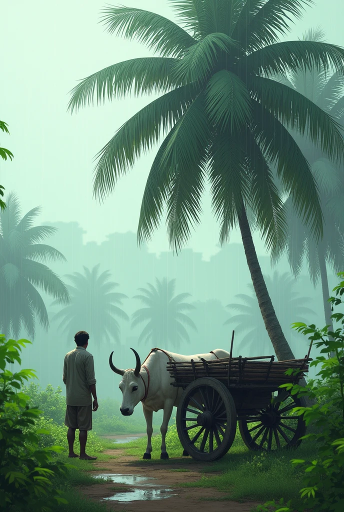 Farm nature with coconut tree and rainy season, bullock cart , man