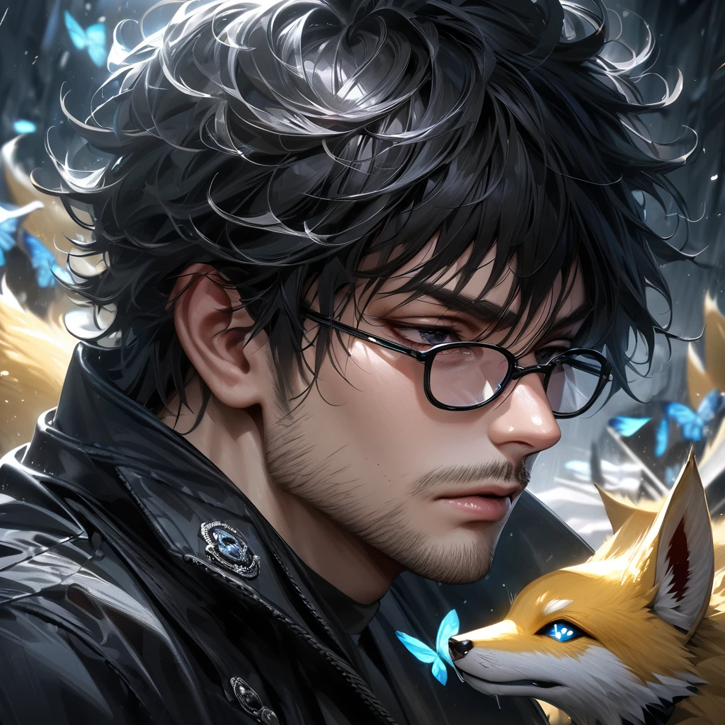Extremely detailed, high resolution, absurd, HDR, masterpiece, Fushiguro Megumi, Black Hair, Expressive black eyes, Jiu Jitsu Kaiba, Black long coat, black Ice flowers, petal, Very handsome, Sexy men, Solitary, Extremely detailed eyes and face, Black Ice, Black Ice sparkling butterflies, Black T-shirt, Realistic face, sparkling, sparkling eyes, yellow Fox, men with stubble, short beard, short mustache, Beard scum, slightly curly hair, and black square plastic-framed glasses