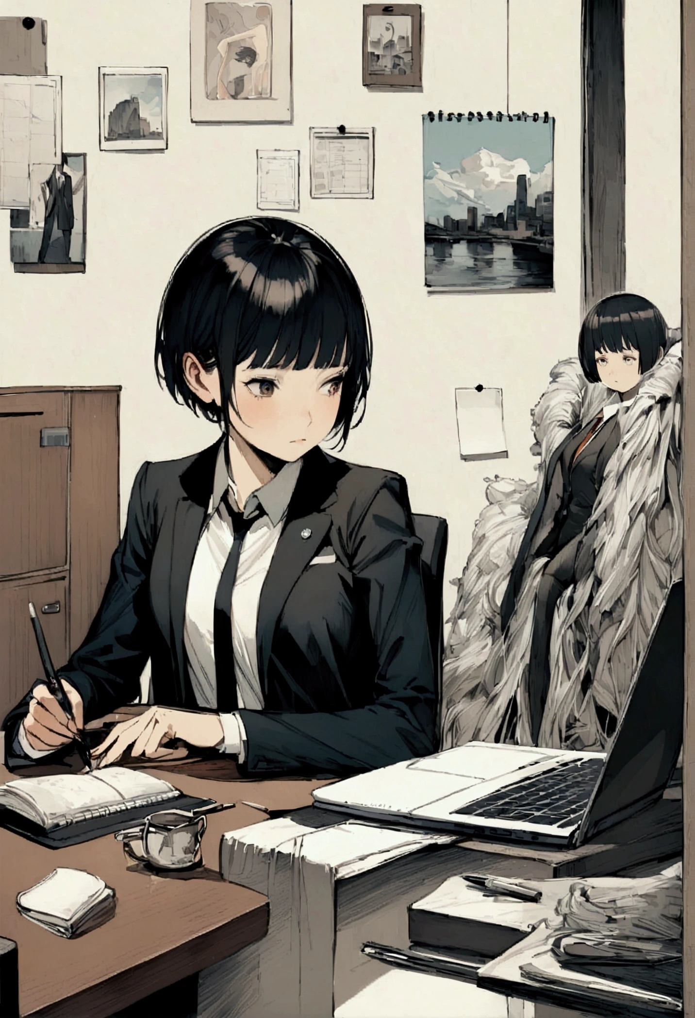 slender,a young girl,pixie cut,black hair,suit,tired,working on laptop,office setting,notebook