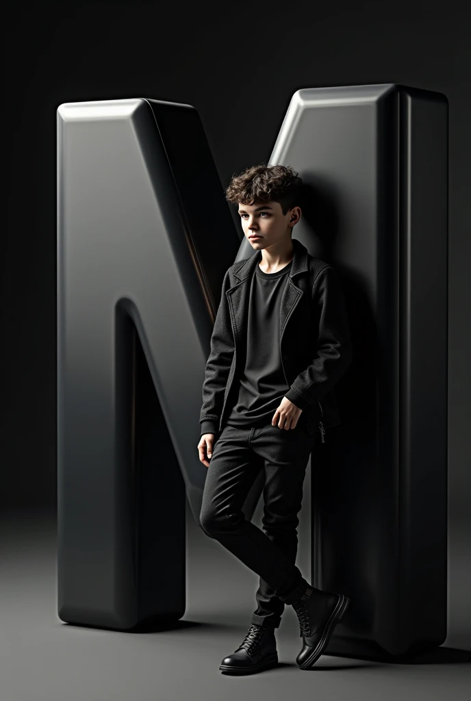Create an image featuring a large, glossy, "M" 3D letter in the foreground with a boy leaning casually against it. The person should be dressed in stylish, monochromatic clothing and have a confident pose. The background should ha a dark gradient to been the focus on the