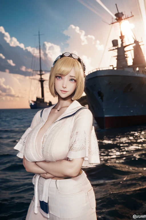{{masterpiece, Highest quality, Highly detailed CG, unity 8k wallpaper, Cinema Lighting, }}, Sony a7, Wide Frame, South Pacific, During the war with Asian countries, Winds blowing on the Aegis ship, 1 girl, whole body, smile, She is a US Navy sailor., White, 20-year-old, smile, Blonde, Short Bob, blue eyes , Long eyelashes ,