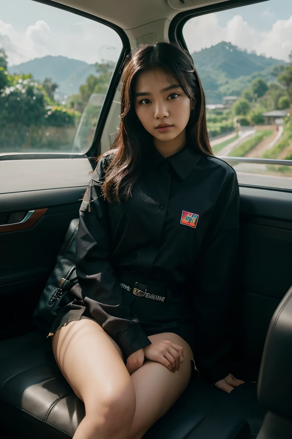 photography of a 20yo indonesian woman, perfect face, masterpiece, wearing uniform with “wuling” logo, sitting in front of the car