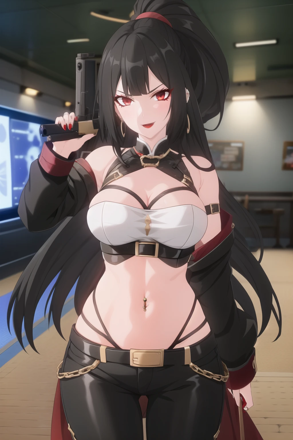 1girl,black hair,red nails, long hair, blush, lipstick,,jewelry, earrings, Hot girl, baddie, bad attitude, mean girl, crazy, smoking, sensual, attractive , bar background, inside bar, indoor, masterpiece, best quality, highly detailed, a girls with a gun, evil smile , open mouth, sexy gaze, badass pose , evil smile, smile, guns blazing, anime girl with long hair, beautiful long haired girl, navel, evil expression, exposed belly, exposed navel, exposed midriff, exposed lower belly, long black pants, crop top, cleavage, unbuttoned leather pants ,open fly, low rise black leather pants, leather jacket, holding a gun, holding pistol,navel piercing