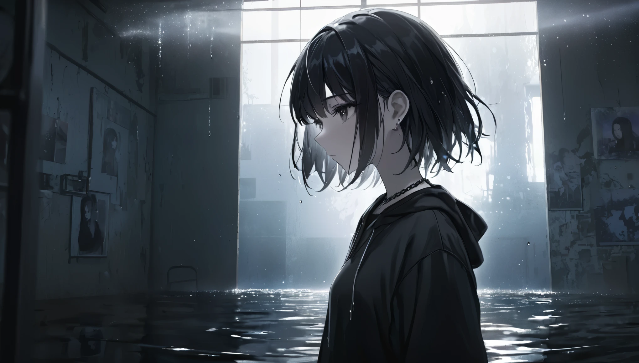 1girl, short black hair, dark fashion outfit, shiny diamond chains, grunge hoodie, contemplative, atmospheric, ethereal, dark scenery, empty room, artwork, cover art, close up, head shot, apocaliptic, floating drops of water, ethereal, dramatic lighting, lost somewhere dark