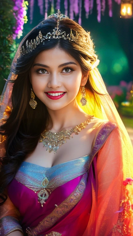 (a beautiful woman in a stunning gown of flowing silk with a radiant smile and captivating eyes),vibrant colors,highres,ultra-detailed,sharp focus,soft lighting,realistic,fantasy-inspired,portraits,subtle color palette,ethereal glow,fairytale,graceful,pastel shades,enchanted garden,lovely flowers,twinkling lights,whimsical ambiance