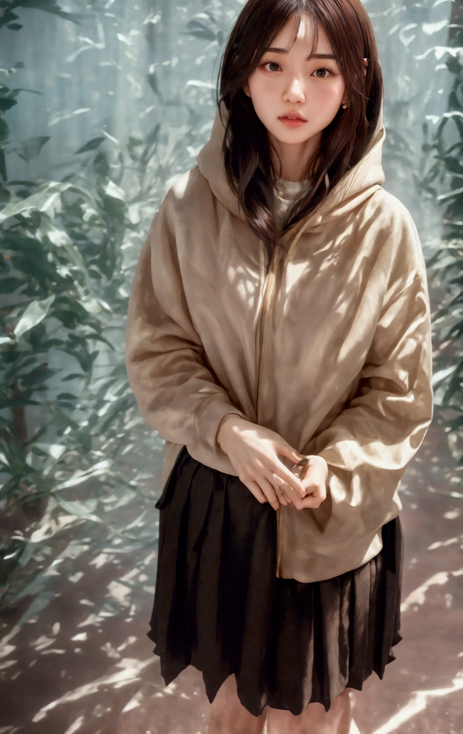 Pretty woman, hoodie and skirt, pleated skirt, long hair, Japanese, very pretty, beautiful, beautiful face, fair skin.