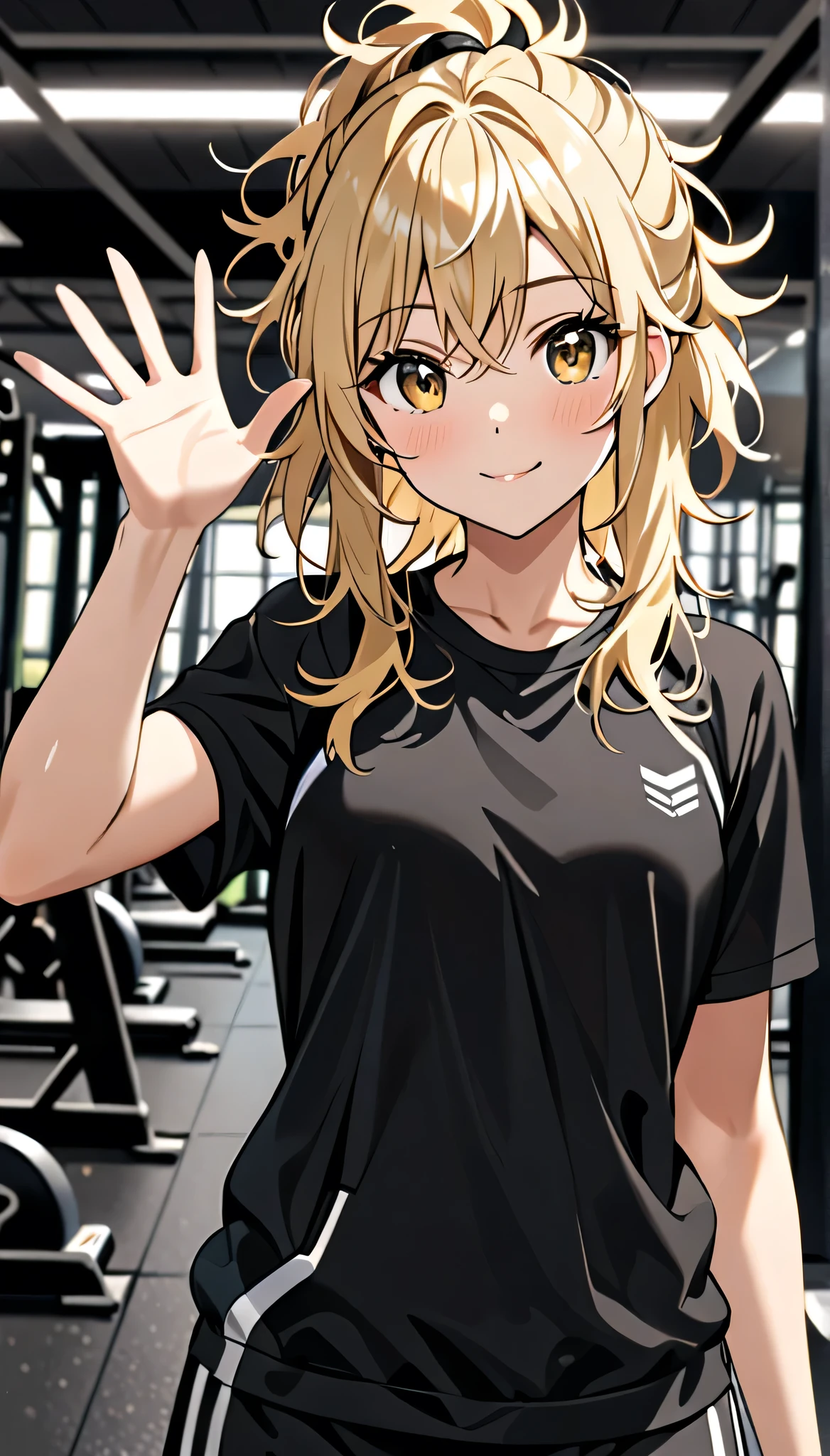 score_9, score_8_up, source_anime, 1girl, upper body, medium shot, detailed, pmmmorikomikuni, blonde hair, side ponytail, green eyes, black t-shirt, orange sport shorts, (flexing:0.8), dynamic pose, (gym:0.9), indoors, (side view:0.75), <lora:pmmmorikomikuni_XL:0.85>