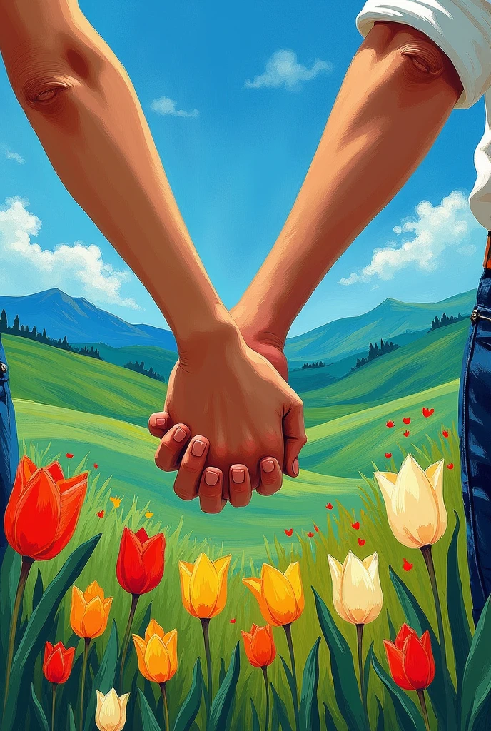 Hands intertwined with love of man and woman on the sky blue and green background van Gogh style with tulips 