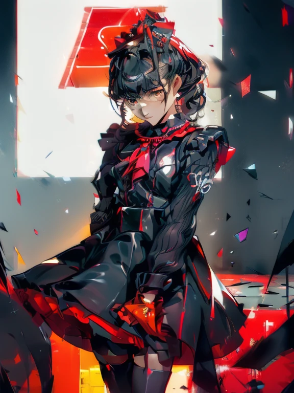 ((top quality,8k wallpaper)), (masterpiece, best quality:1.2), (high_resolution:1.2), (ultra details:1.2), extreme quality, sharp focus, detailed face+eyes, (bright colors), vivid colors, official art, RAW photo, dslr, soft lighting, film grain, cinematic film still, perfect face, flawless, clean, professional artwork, famous artwork, cinematic bloom, detailed hair, intricate detail, (detailed realistic background:1.3), realistic lighting, [cinematic lighting | stage lighting], hyperrealism, soothing tones, muted colors, high contrast, soft light, sharp, artistic photoshoot, 1girl, suzuka nakamoto, cute, black hair, high ponytail, bangs, neat hair, (red ribbon), swaying hair, shiny skin, pearl skin, (skinny body:1.3), eyeshadow, eyelashes, (sharp eyelashes:1.3), (eyeshadow:1.3), clear eyes, circlet, jewelry, red choker, red bow, black elbow gloves, red and black dress, (frills long skirt:1.6), sleeveless, (red frills:1.8), (black frills:1.2), SEE-THROUGH, skin tight, shiny clothes, (thin corset), black knee high socks, long black footwear, black thigh high, (black pantyhose:1.6), (contrapposto dynamic pose), speed action, stage dancer, simple background, stage lights, gorgeous stage, (abstract graphic LED big screen background), (cinematic lighting:1.6), Low Angle shooting, super wide lens, (depth of field:2.2), (dynamic angle:1.3), extreme wide shot,(zooming in:1.2), (close-up face:0.6), (fisheye:0.6), looking at viewer,