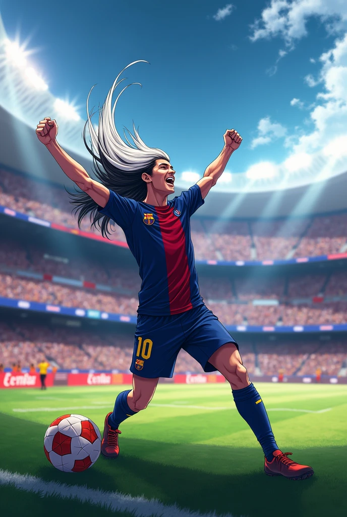 Young handsome Guy with long
half white half black hair scoring a banger in the ucl finals with barca
Number 11 anime hair