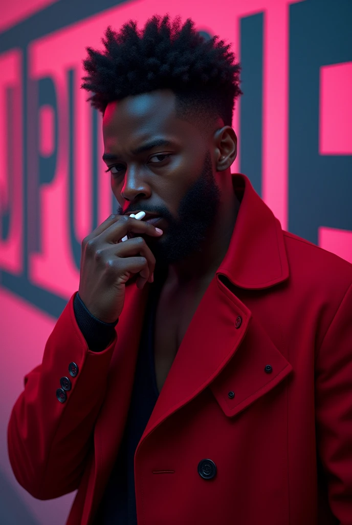 Afro male in a red trench coat taking pills with the Words Tj Purple boldly written on the Background