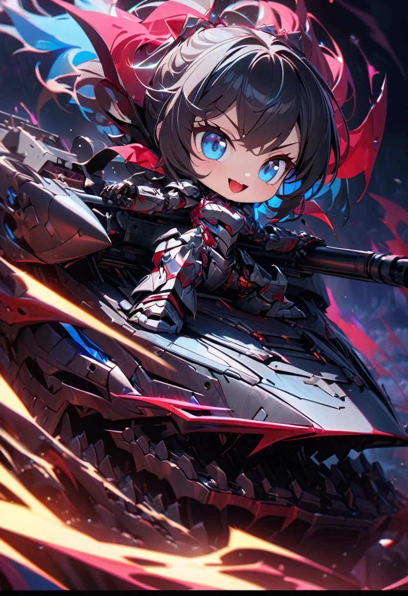 chibi style, 1 vampire girl, riding an armored tank, red and blue eyes, red lipsticks, intricate armored tank, armored treads, detailed mechanical parts, cinematic lighting, vivid colors, vibrant colors, dynamic composition, high quality, 8k, (best quality, masterpiece:1.3), DeepNegative_xl_v1