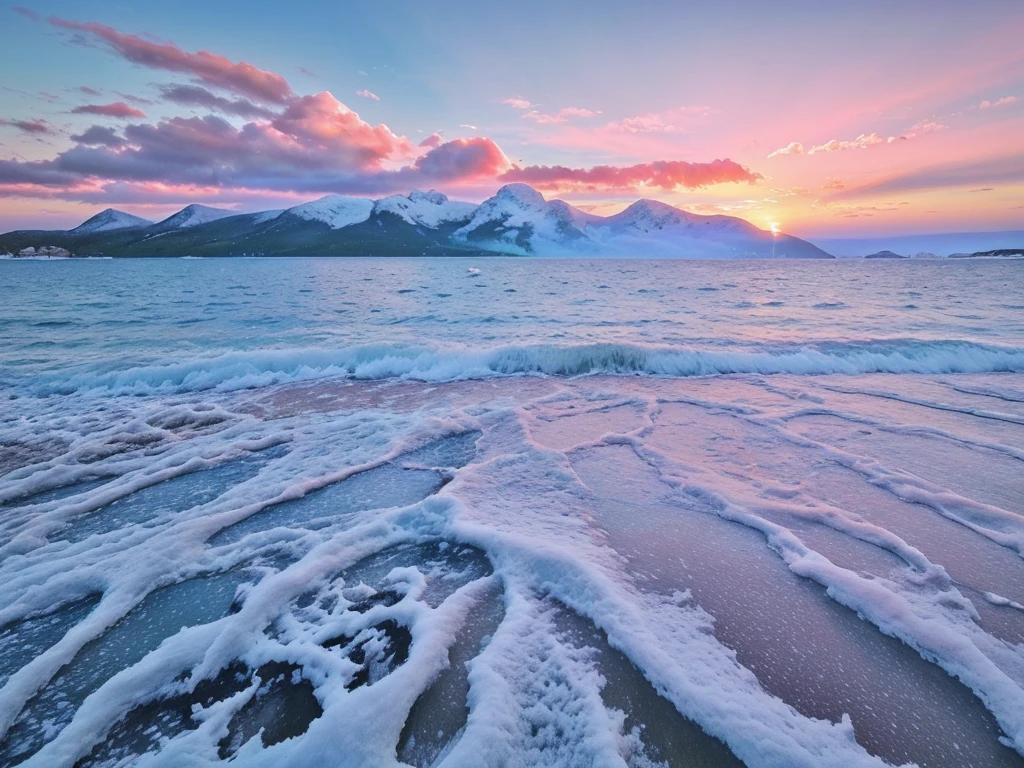 sunset sea, broken clouds, painting, spring, snowy mountain,Bright colors, light colors, sky blue, light pink, soft colors, soft light, very realistic
