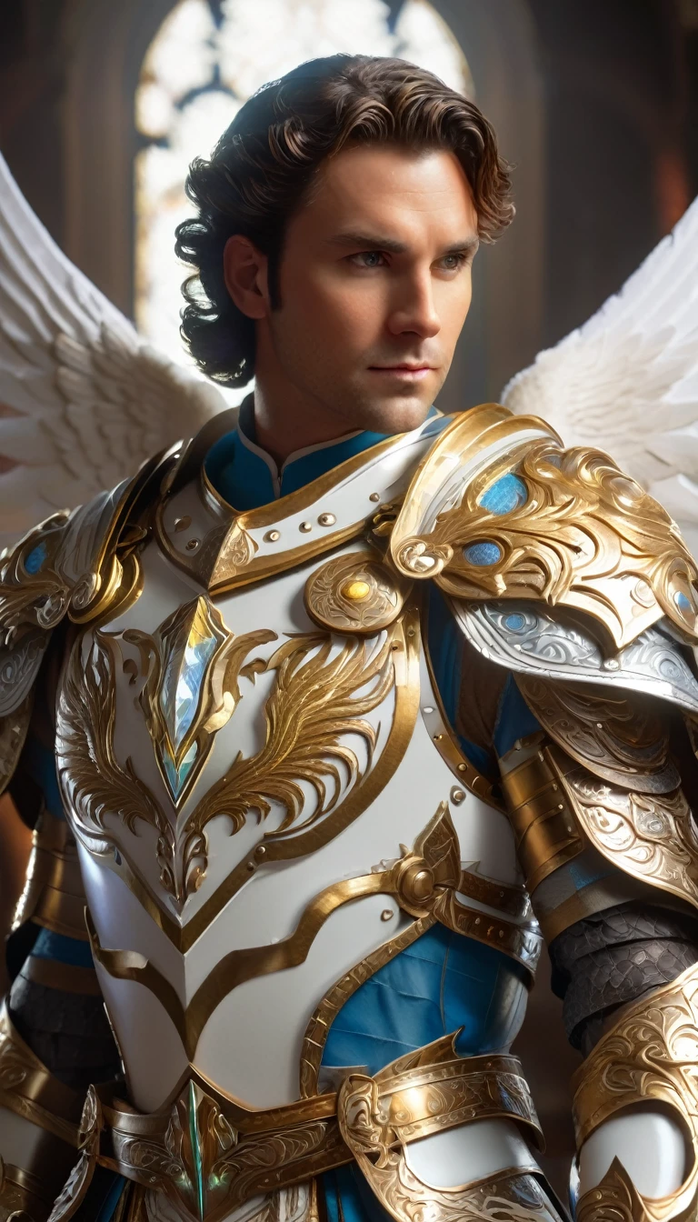 dungeons and dragons, character design, best quality, masterpiece, extremely detailed, 30 year old, male aasimar, medium lenth middle parting hair, protector paladdin, huge angel wings, heavy plate armor, glowing celestial runes, flowy tabard, greatsword, ornate shield, cinematic lighting, perfect face, perfect hands, perfection