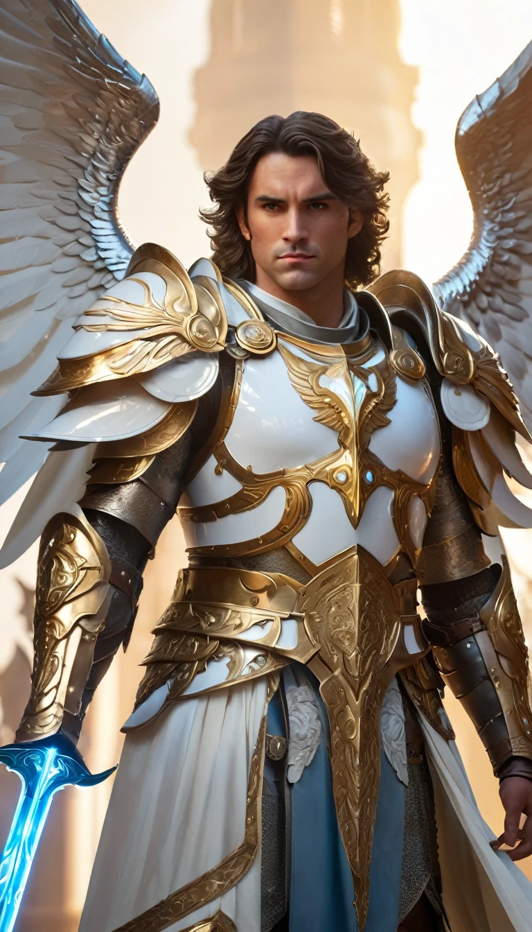 dungeons and dragons, character design, best quality, masterpiece, extremely detailed, 30 year old, male aasimar, medium lenth middle parting hair, protector paladdin, huge angel wings, heavy plate armor, glowing celestial runes, flowy tabard, greatsword, ornate shield, cinematic lighting, perfect face, perfect hands, perfection