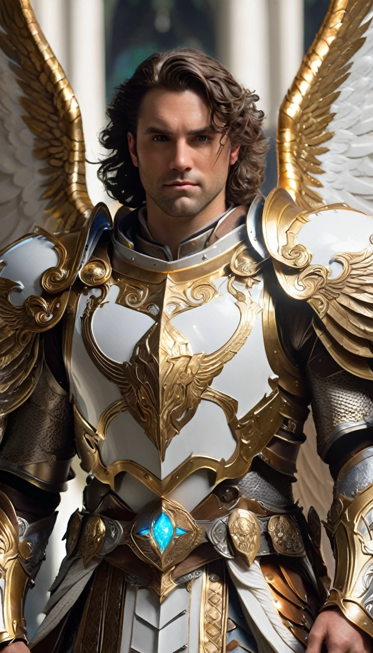 dungeons and dragons, character design, best quality, masterpiece, extremely detailed, 30 year old, male aasimar, medium lenth middle parting hair, protector paladdin, huge angel wings, heavy plate armor, glowing celestial runes, flowy tabard, greatsword, ornate shield, cinematic lighting, perfect face, perfect hands, perfection