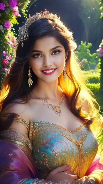 (a beautiful woman in a stunning gown of flowing silk with a radiant smile and captivating eyes),vibrant colors,highres,ultra-detailed,sharp focus,soft lighting,realistic,fantasy-inspired,portraits,subtle color palette,ethereal glow,fairytale,graceful,pastel shades,enchanted garden,lovely flowers,twinkling lights,whimsical ambiance