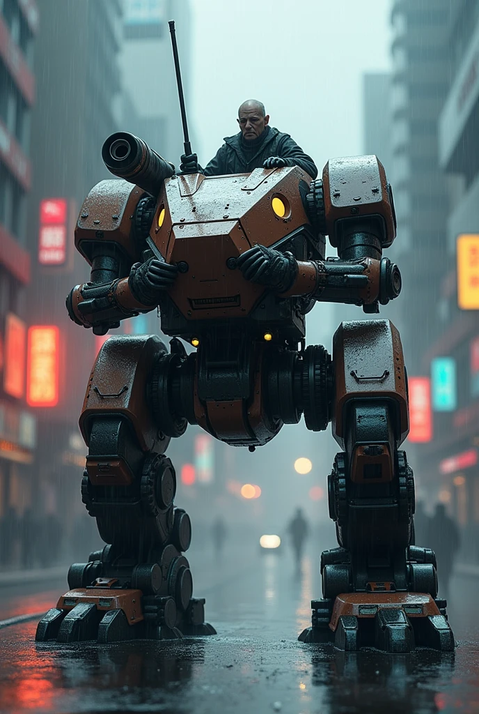 Highly detailed multi-legged articulated futuristic heavily armored tank character for team-based action shooter video game、Job title: Tank、Exquisitely detailed tanks、Rocket Launcher、Old man driving a tank、Concept Art、Intricate details、Hyperrealistic、8k、Highest quality、Photorealistic、masterpiece、terrorist attack、 explosion、night、rain、 Detailed futuristic cityscape、Neon Light