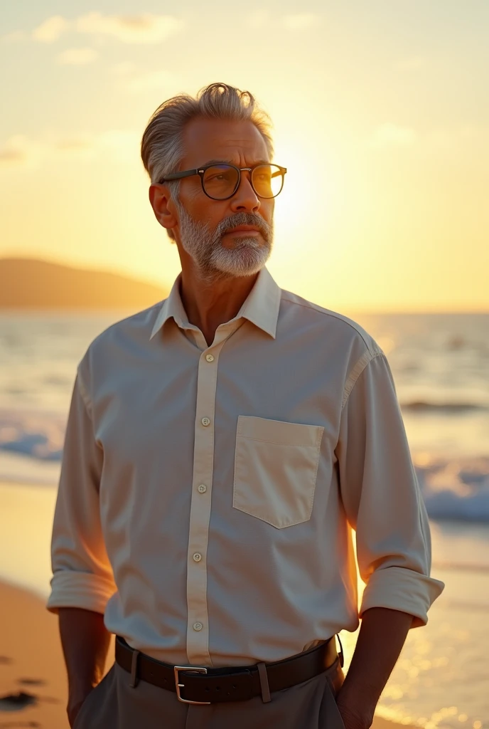 Adult Malay man wearing glasses and beard standing by the beach
