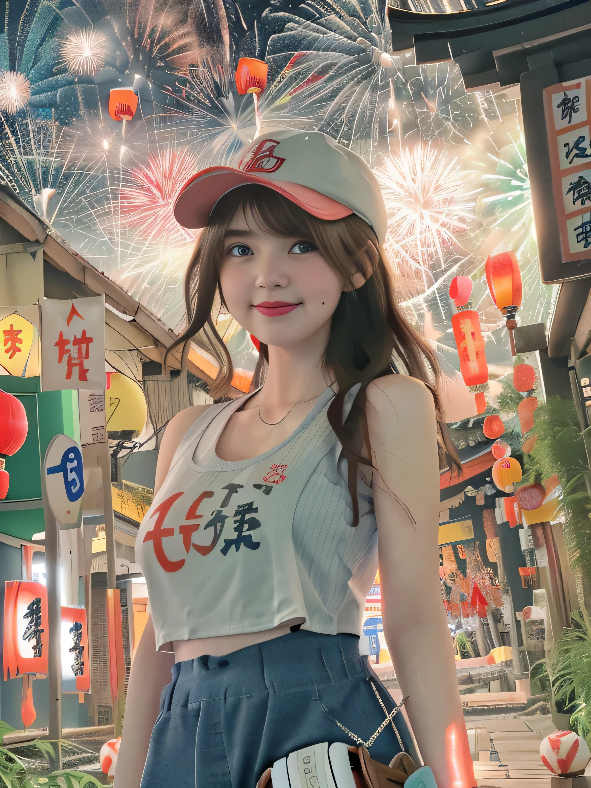 Highest quality、masterpiece、Ultra-high resolution、(Photorealistic:1.4)、(((RAW Photos:1.4)))、Exquisite photo quality、(Fireworks display:1.4)、Beautiful poop、One Girl、Japanese、17 years old、(blue eyes:1.2)、Pink lipstick、Smiling Face、(Brown Hair:1.4)、Sunburned skin、(Baseball cap:1.4)、(Cropped tank top:1.4)、(The underbust is visible:1.4)、(Low-rise shorts:1.2)、Large bust、Cleavage、Detailed portrait、8K quality、Concept Art、A dramatic, cinematic atmosphere、(Japanese Shrines:1.2)、(Japanese red and white lanterns:1.2)、Wind Chimes、(Festival Flag,)、Paper decoration、Sharp focus、Volumetric lighting、Cinema Lighting、Colorful neon lighting、Depth of written boundary、Ambient Lighting、Blurred foreground、Blurred Background:1.3、Portrait