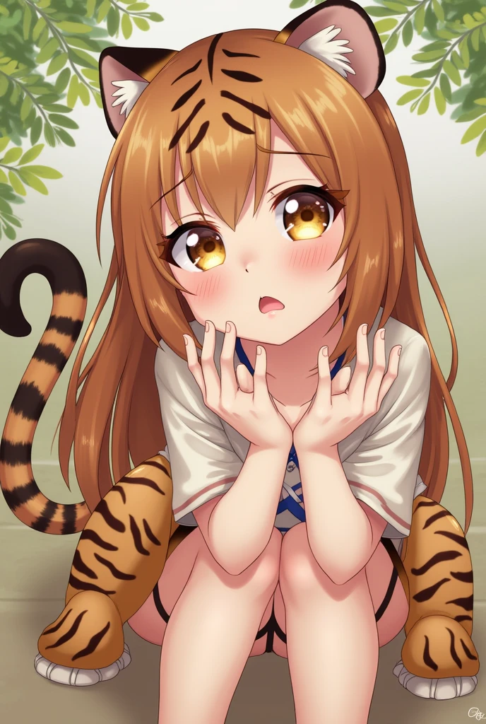 She's a tiger beastman, so she doesn't wear any clothes.、She doesn't wear underwear because she's a tiger beastman、has white and very beautiful skin、Yellow eyes、Beautiful pubic area without hair、sexypose、tchibi、Mega Mini、Smaller chest、fullnude、small areola、