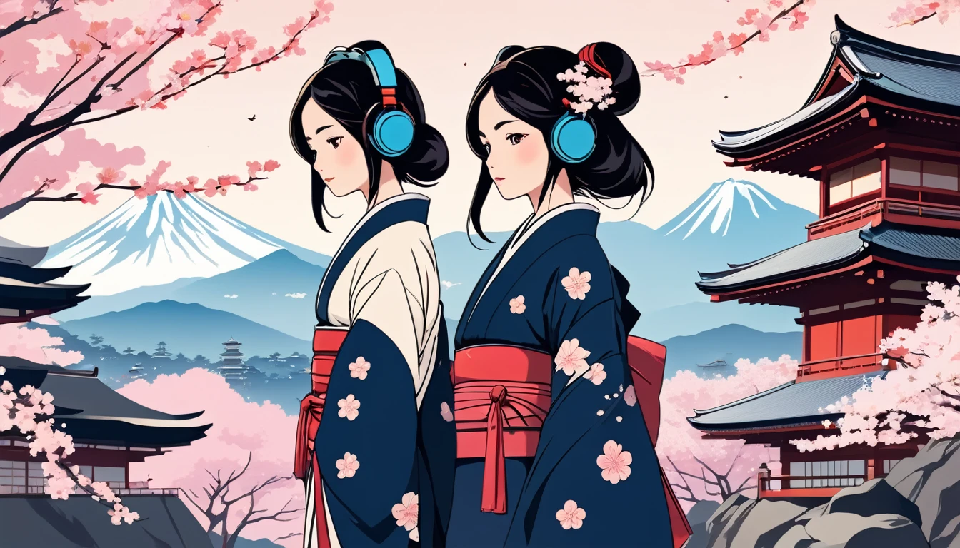Japanese style headphones, Female samurai,, Modern ukiyo-e style, cherry blossoms, Fuji Mountain, Japanese Temple, Wide-angle lens, Lofi Anime, Illustration of Rofi, Aesthetic atmosphere, Roffi style, Vector art, Flat Design, Simple shape, Warm tones, Pleasant atmosphere, Chill, In anime style, Digital drawing, Vector art, Vector logo for t-shirt printing, (Adorable:1.5), (small:1.4), (Playful:1.2), (soft:1.3), (Whimsical:1.1), masterpiece, Highest quality, 8k, Intricate details, grow, Celestial, Mysterious, Picturesque, amazing, Majestic,