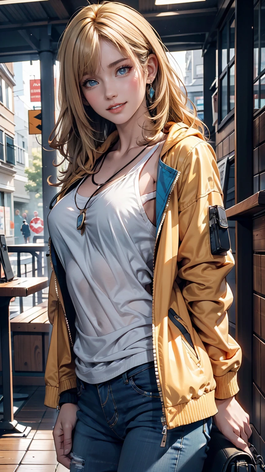 Christian AOT, One girl, alone, Krista Lentz, smile, Hair between the eyes, blue eyes, Blonde, Jacket, Medium Hair,