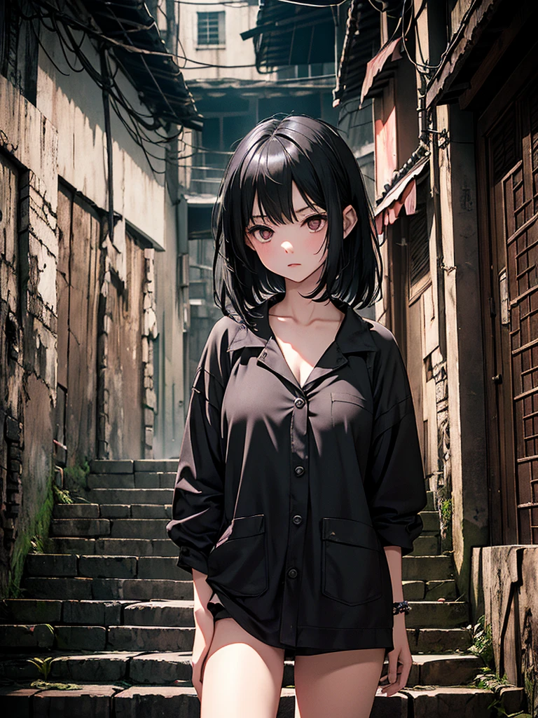 A pale black-haired girl standing on the dark steps of Kowloon Walled City, close up, Occult atmosphere