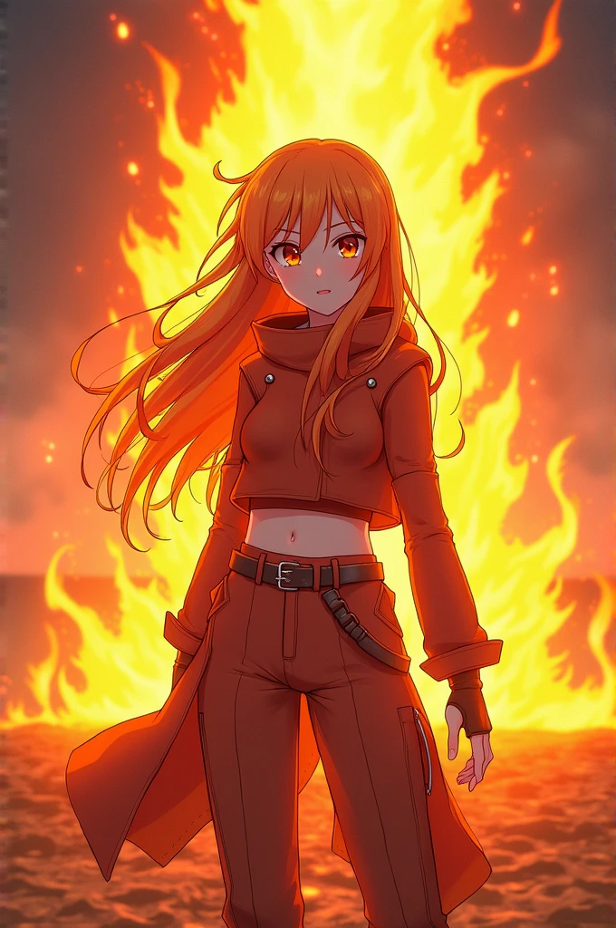 Anime girl with orange clothes and fire in the background
