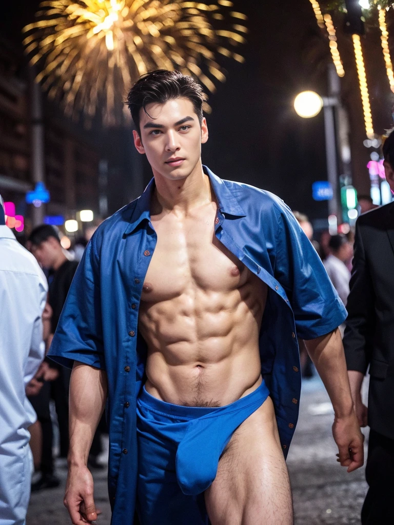 top-quality、​masterpiece、超A high resolution、(realisitic:1.4)、Detailed face、solo、１human male、Dark hair、glistning skin、dense skin、(asian human)、architectural、(absurderes、hight resolution、Ultra-detail)、、1 male、Adults、(Man's, 23 years old)、a handsome、tall muscular man、broad shoulder、extra very short hair、angular jaws、thick neck、thick eyebrow、extra very short hair、A darK-haired、fine eyes and detailed face、 Highly detailed CG Unity 8K wallpapers、intricate-detail、(Style Swirl Magic:0.7)、looking at the spectator、solo、(full body Esbian:0.6)、Detailed background、A detailed face、dynamicposes、、Urban background、dynamic compositions、 big muscle、、((((Crotch bulge))))、a handsome、 ((masutepiece:1.4, Best Quality)), ((masutepiece, Best Quality)), (photographrealistic:1.4)、(((Fireworks Festival)))、sports wear、 Pubic hair, open legs, ,  abs, ((Erection 1.2)), (Moccoli: 1.4),  Sweating, (He is wet, Wet 1.2),, (Slipping thin underwear, Wet and beautiful 1.4)), Blood vessels in the arm、、Chinese Bishonen、(Stroll through the city of fireworks displays:1.2), food stand, (Dark blue silk yukata:1.3),   Smile, red blush,（the perfect body：1.1）、（shorth hair：1.2）、FULL BODYSHOT,（Very elaborate CG 8K wallpapers）、（extremely delicate and beautiful）、（​masterpiece）、（top-quality）:1.0)、(超A high resolution:1.0)、[hight resolution]、detailed skins、Ultra-detail ((colourful)), male people、Japan though、Vermilion band , (nsfw , secy ,  eroticism)