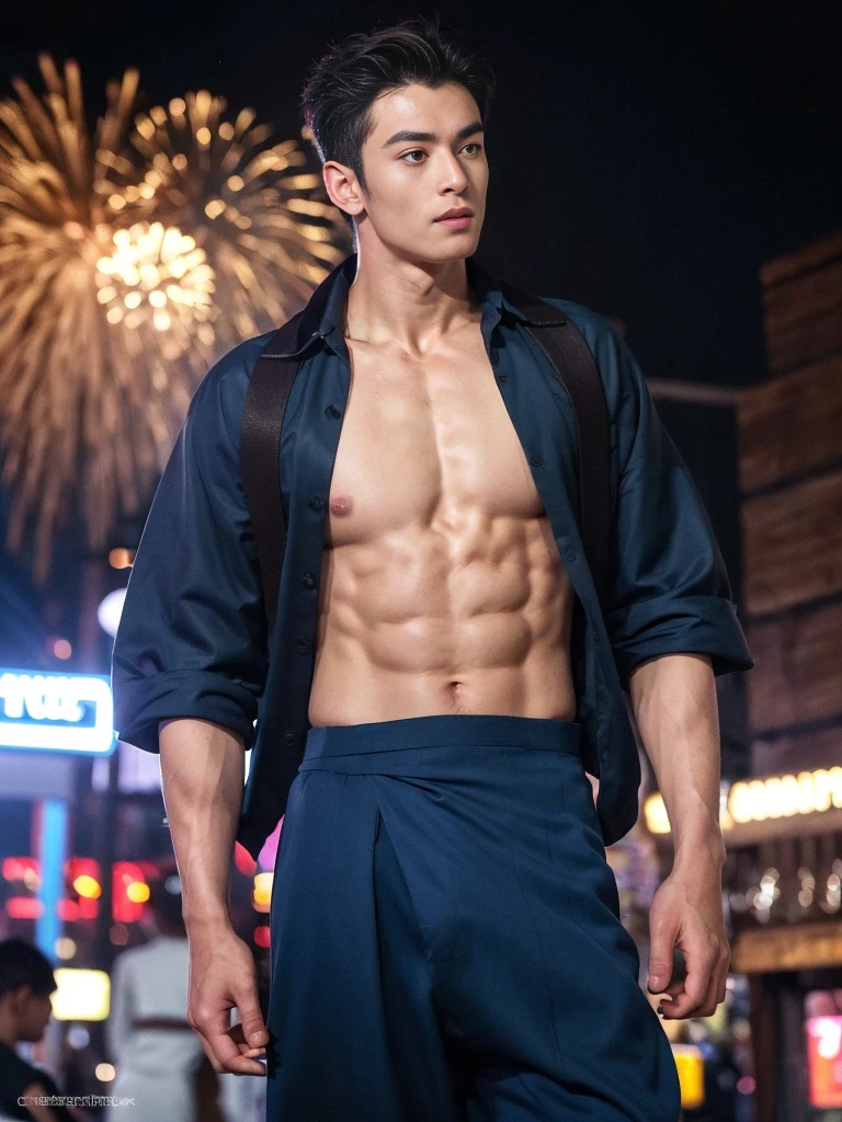 top-quality、​masterpiece、超A high resolution、(realisitic:1.4)、Detailed face、solo、１human male、Dark hair、glistning skin、dense skin、(asian human)、architectural、(absurderes、hight resolution、Ultra-detail)、、1 male、Adults、(Man's, 23 years old)、a handsome、tall muscular man、broad shoulder、extra very short hair、angular jaws、thick neck、thick eyebrow、extra very short hair、A darK-haired、fine eyes and detailed face、 Highly detailed CG Unity 8K wallpapers、intricate-detail、(Style Swirl Magic:0.7)、looking at the spectator、solo、(full body Esbian:0.6)、Detailed background、A detailed face、dynamicposes、、Urban background、dynamic compositions、 big muscle、、((((Crotch bulge))))、a handsome、 ((masutepiece:1.4, Best Quality)), ((masutepiece, Best Quality)), (photographrealistic:1.4)、(((Fireworks Festival)))、sports wear、 Pubic hair, open legs, ,  abs, ((Erection 1.2)), (Moccoli: 1.4),  Sweating, (He is wet, Wet 1.2),, (Slipping thin underwear, Wet and beautiful 1.4)), Blood vessels in the arm、、Chinese Bishonen、(Stroll through the city of fireworks displays:1.2), food stand, (Dark blue silk yukata:1.3),   Smile, red blush,（the perfect body：1.1）、（shorth hair：1.2）、FULL BODYSHOT,（Very elaborate CG 8K wallpapers）、（extremely delicate and beautiful）、（​masterpiece）、（top-quality）:1.0)、(超A high resolution:1.0)、[hight resolution]、detailed skins、Ultra-detail ((colourful)), male people、Japan though、Vermilion band , (nsfw , secy ,  eroticism)